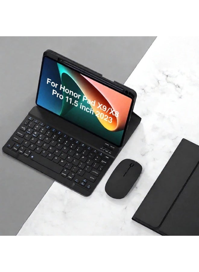 حافظة لوحة مفاتيح باللغتين العربية والإنجليزية متوافقة مع Honor Pad X9/X8 Pro مقاس 11.5 بوصة 2023، حافظة واقية نحيفة مع لوحة مفاتيح وماوس بلوتوث لاسلكي قابلين للفصل - Image 1